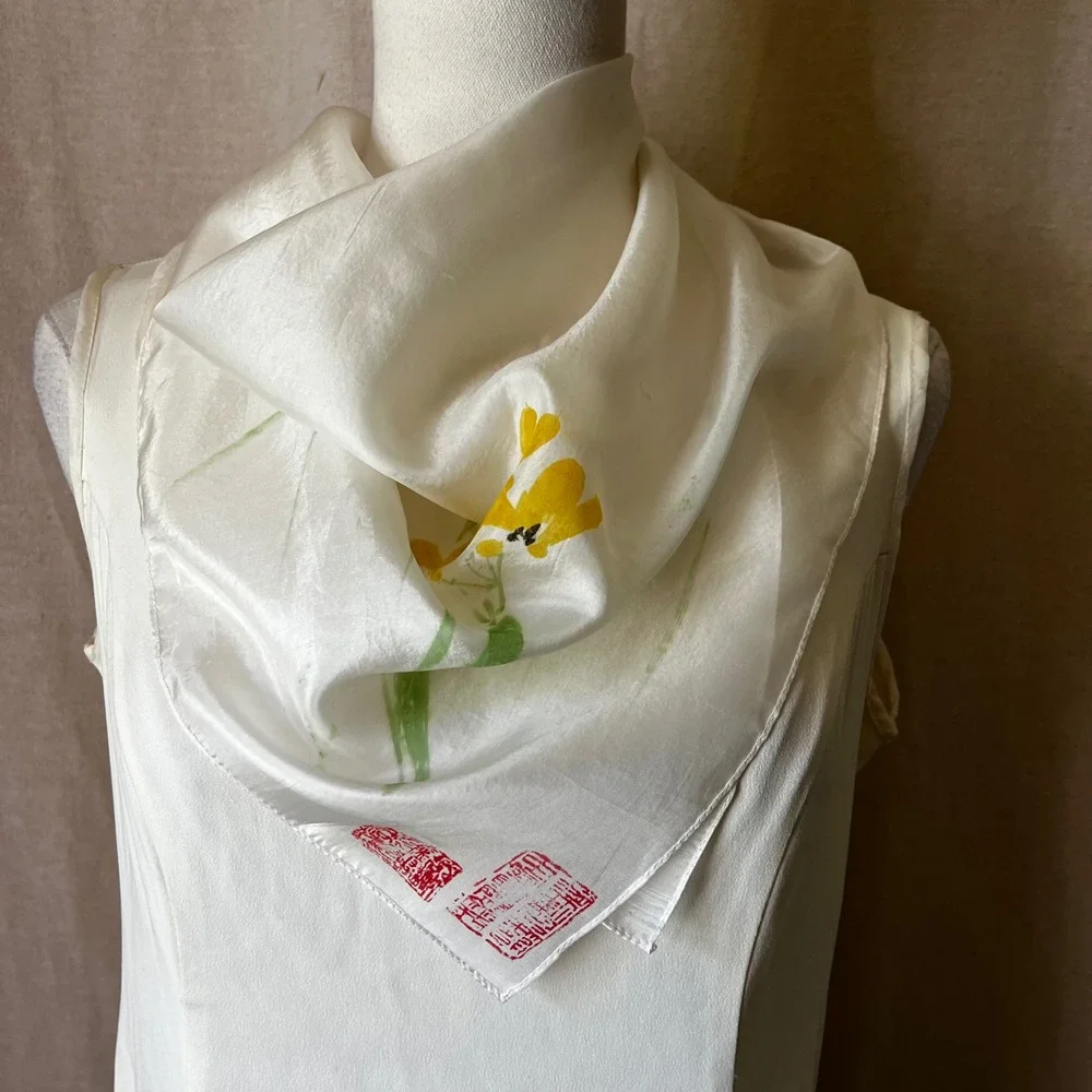 Vintage Hand Painted Silk Scarf White Floral Asian Art Signed 29x29